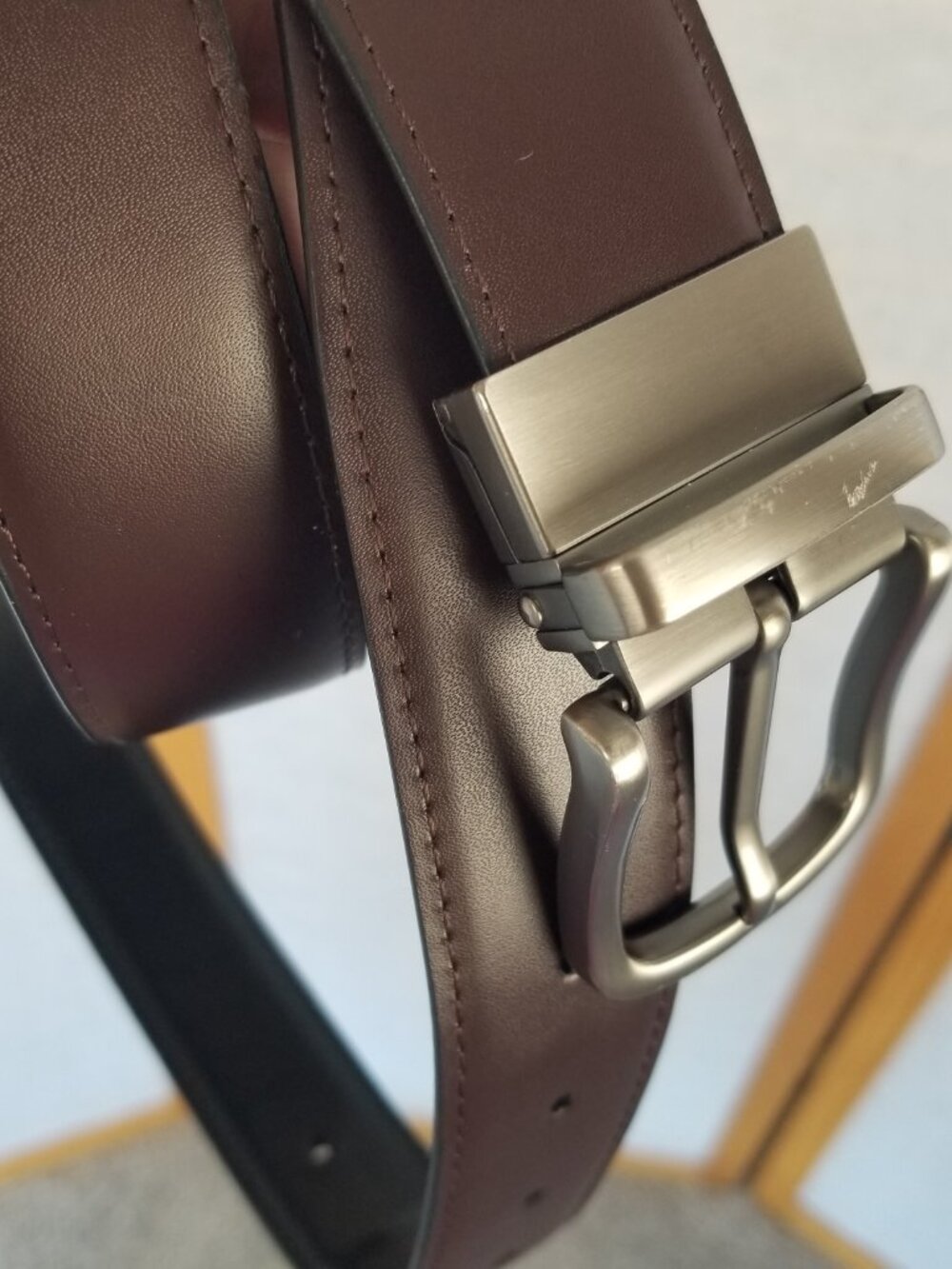 Men's Reversible Faux Leather Belt Black Brown Size 40 Brushed Silver Buckle